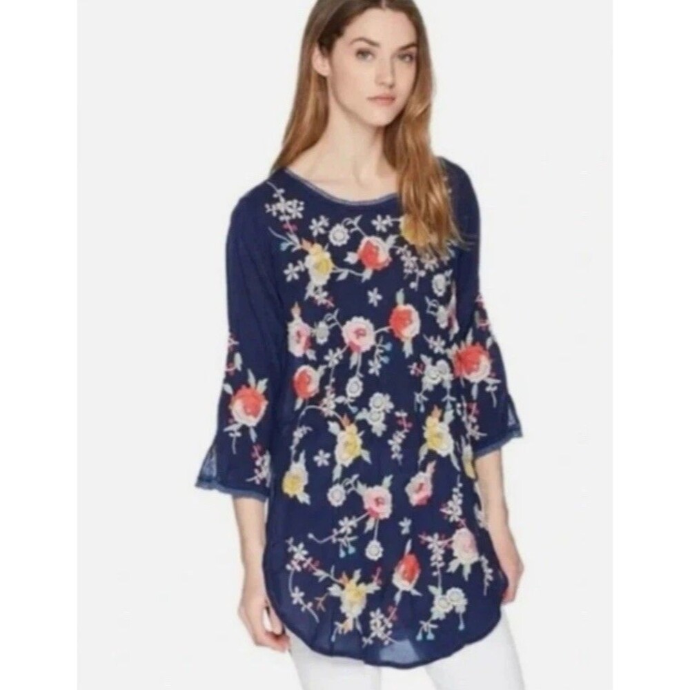 Johnny Was Playa Embroidered Georgette Longline Tunic Size L Rayon Cupra Blue